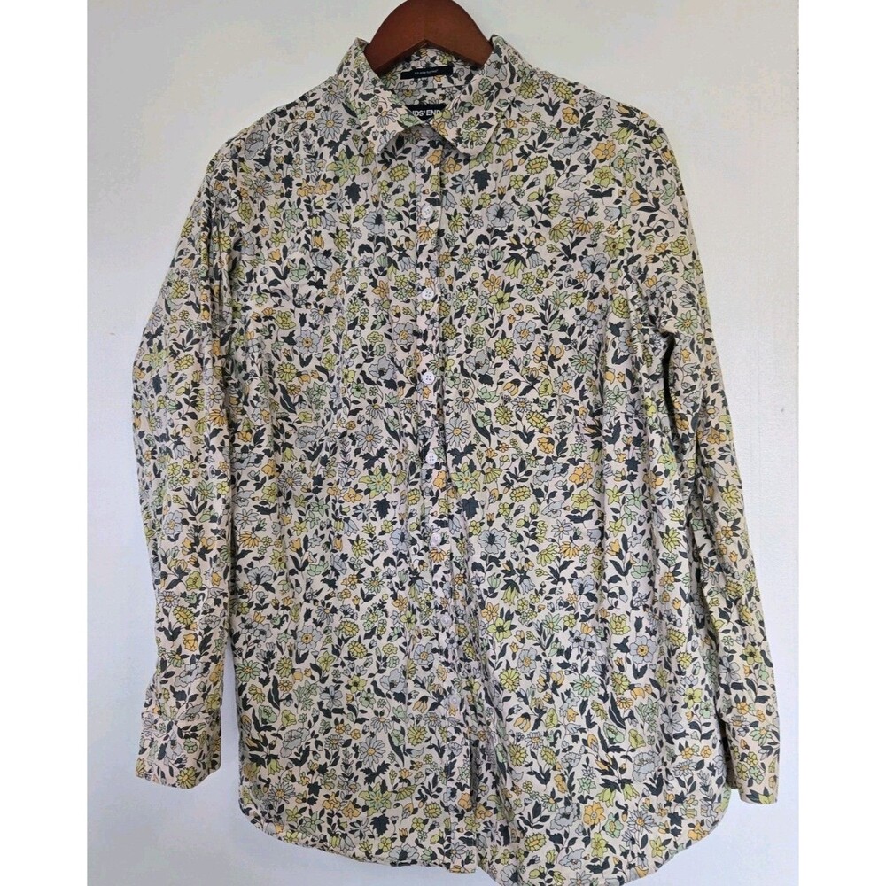 Lands' End Women's Floral Button-Down Shirt in White, Yellow & Green